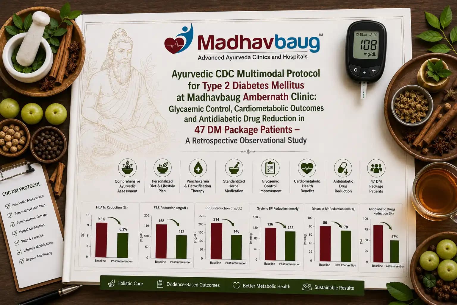 Ayurvedic CDC Multimodal Protocol for Type 2 Diabetes Mellitus at Madhavbaug Ambernath Clinic: Glycaemic Control, Cardiometabolic Outcomes and Antidiabetic Drug Reduction in 47 DM Package Patients — A Retrospective Observational Study