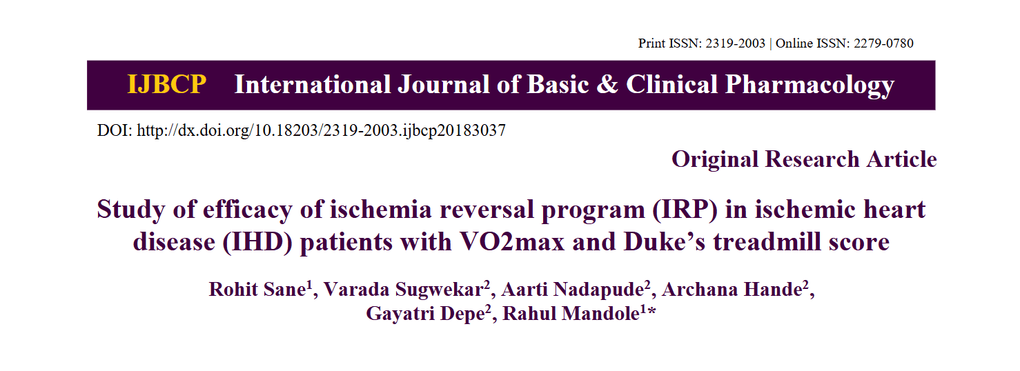 To study the efficacy of Ischemia Reversal Program (IRP) in Ischemic Heart Disease (IHD) patients with VO2max and Duke’s Treadmill Score