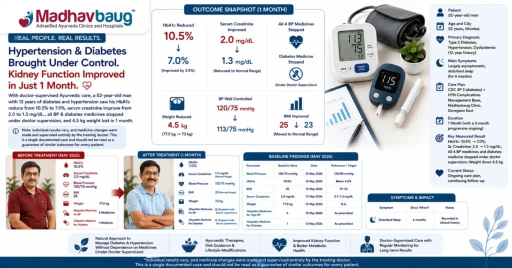 Hypertension and Diabetes Case Study: Sr. Creatinine Improves from 2.0 to 1.3 as BP and Blood Sugar Come Under Control in 1 Month