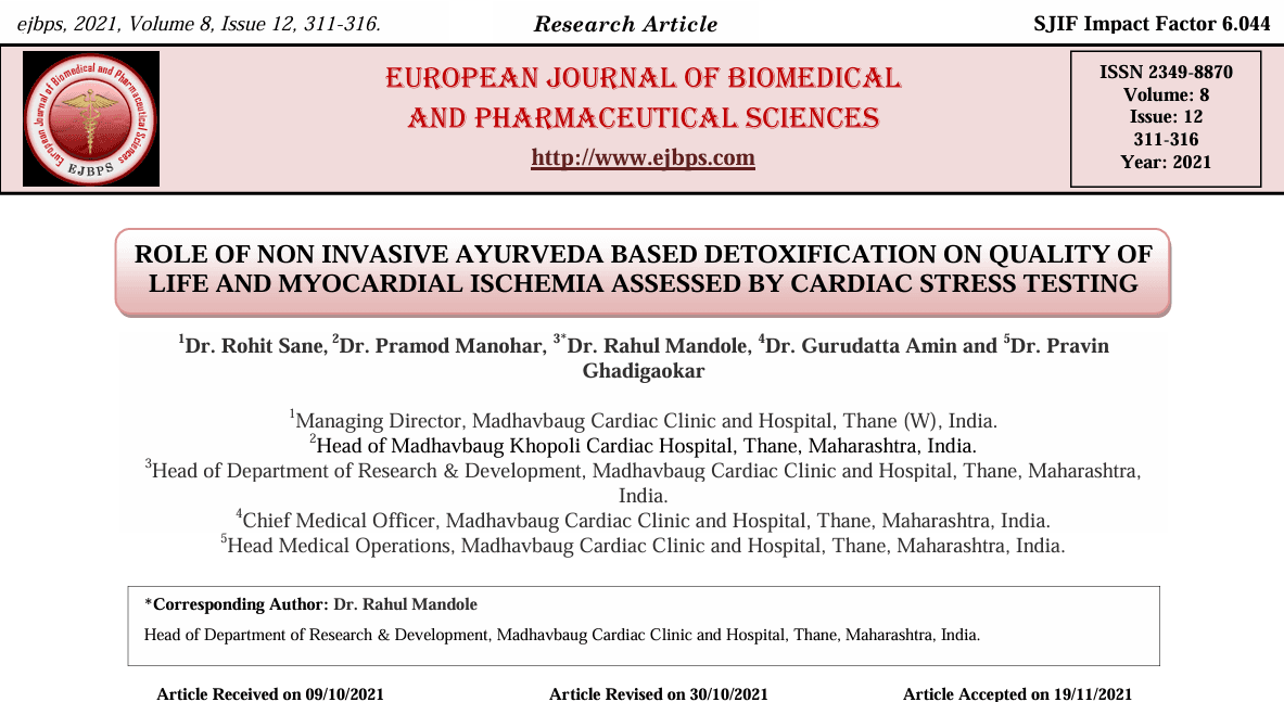 Role of Non Invasive Ayurveda based detoxification on quality of life and myocardial ischemia assessed by Cardiac Stress testing