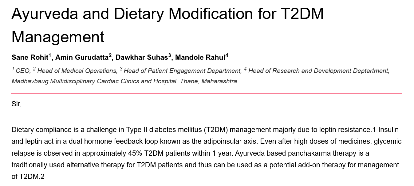 Ayurveda and Dietary Modification for T2DM Management- 1 year relapse study
