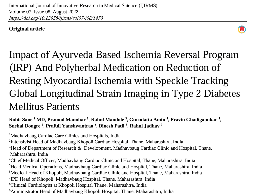 Impact of Ayurveda Based Ischemia Reversal Program (IRP) and Polyherbal Medication on Reduction Of Resting Myocardial Ischemia with Speckle Tracking Global Longitudinal Strain Imaging in Type 2 Diabetes Mellitus Patients