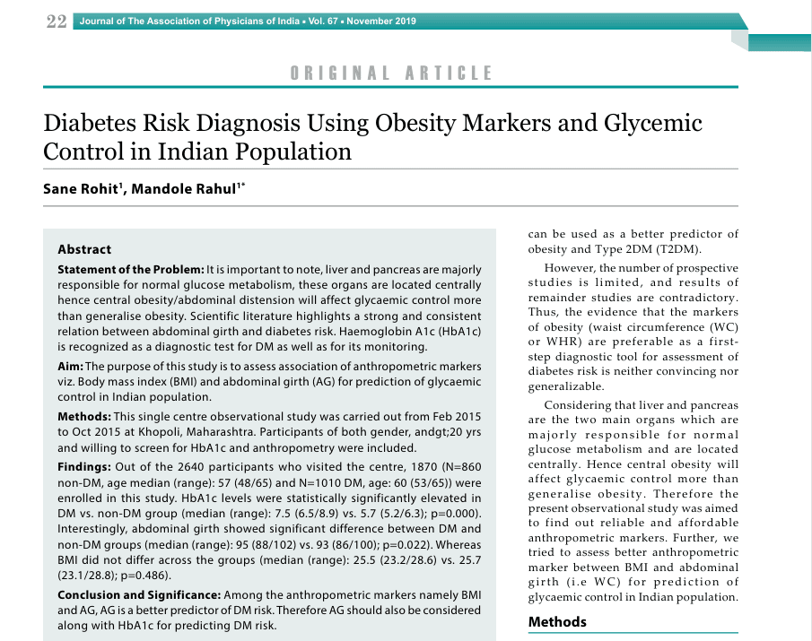 Diabetes Risk Diagnosis Using Obesity Markers And Glycemic Control In Indian Population