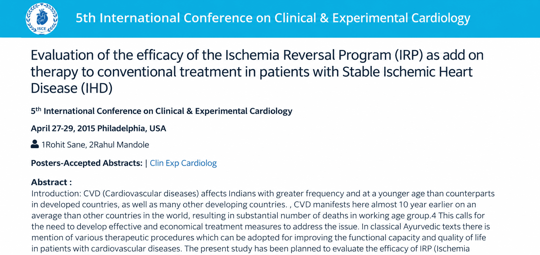 Evaluation of the efficacy of the Ischemia Reversal Program (IRP) as add on therapy to conventional treatment in patients with Stable Ischemic Heart Disease (IHD)