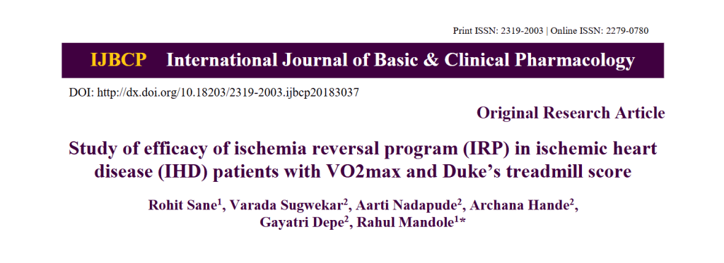 Study Of Efficacy Of Ischemia Reversal Program (Irp) In Ischemic Heart Disease (Ihd) Patients With Vo2Max And Duke’S Treadmill Score