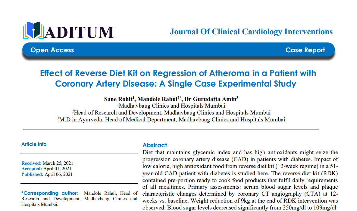 Effect of Reverse Diet Kit on Regression of Atheroma in a Patient with Coronary Artery Disease: A Single Case Experimental Study
